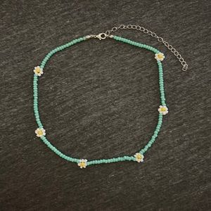 teal turquoise beaded daisy choker necklace